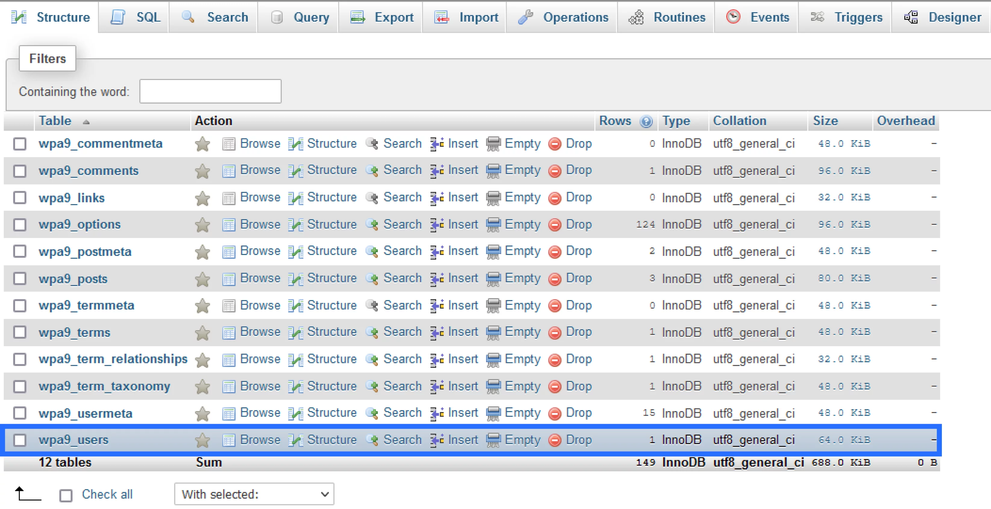 Screenshot: List of Tables Highlighting 'wpa9_users'