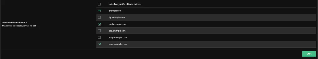 Screenshot: List of Options for You to Select Which Records Will Have SSL Installed