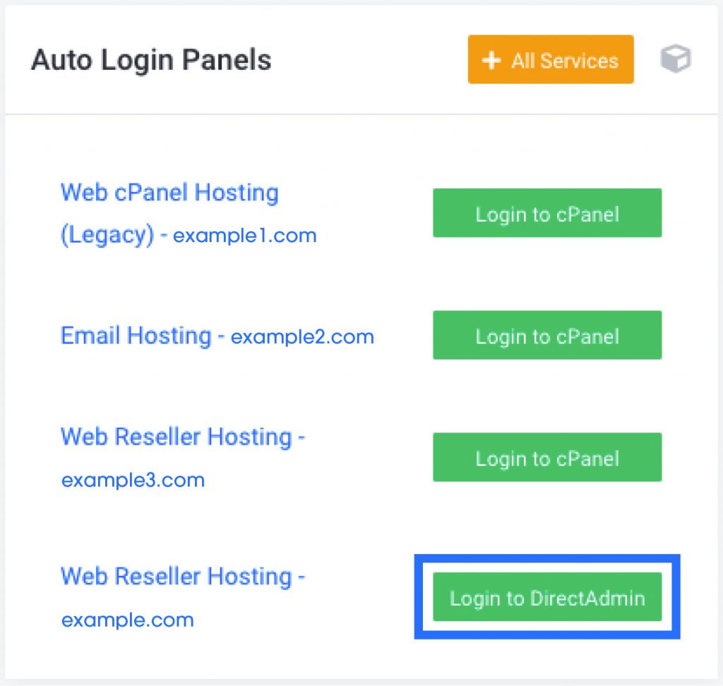 Screenshot: Screenshot: MyDreamIT Auto Login Panel with 'Log in to DirectAdmin' Button