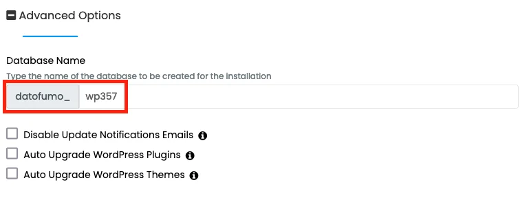 Screenshot: Advanced Options Form to Choose the Name of the Database to Be Created for the Installation