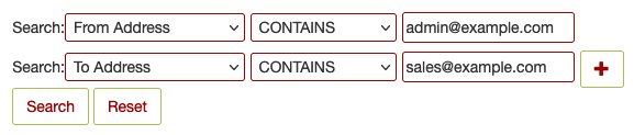 Screenshot: Example Showing 'From Address', 'Contains', 'admin@example.com' and 'To Address', 'Contains', 'sales@example.com'