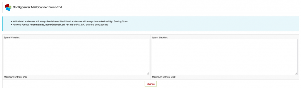 Screenshot: Email Black/Whitelist Settings Section of ConfigServer MailScanner Front-End