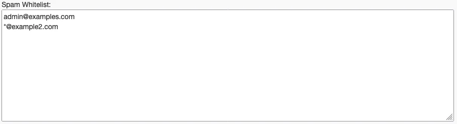 Screenshot: Spam Whitelist Form with Examples 'admin@examples.com' and '*@example2.com'