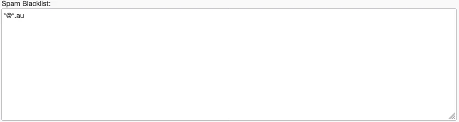 Screenshot: Spam Blacklist Form with Example '*@*.au'