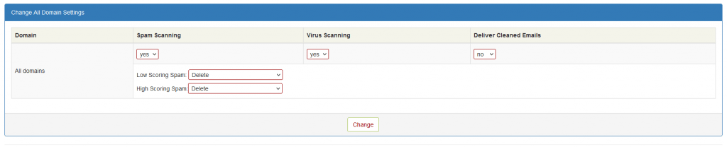 Screenshot: Change All Domain Settings Section (Spam Scanning, Virus Scanning, Deliver Cleaned Emails, Low Scoring Spam and High Scoring Spam)