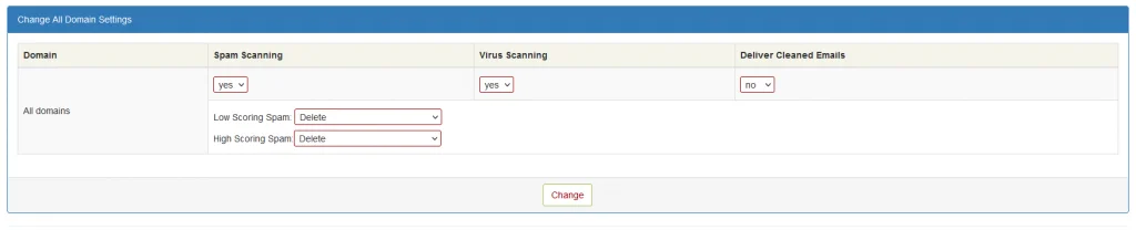 Screenshot: Change All Domain Settings Section (Spam Scanning, Virus Scanning, Deliver Cleaned Emails, Low Scoring Spam and High Scoring Spam)