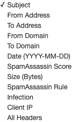 Parameter Options: Subject, From Address, To Address, From Domain, To Domain, Date (YYYY-MM-DD), SpamAssassin Score, Size (Bytes), SpamAssassin Rule, Infection, Client IP, All Headers