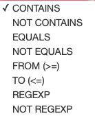 Condition Options: Contains, Not Contains, Equals, Not Equals, From (>=), To (<=), RegExp, Not RegExp