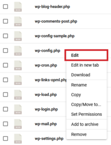 Screenshot: Right-Click Drop-Down List of 'wp-config.php' Folder