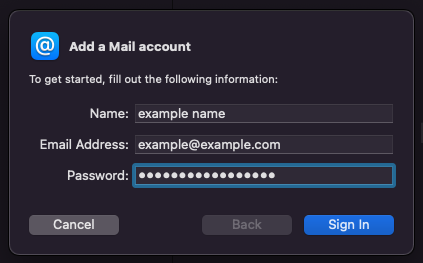 Add a Mail Account Pop-Up Box on Mac Mail