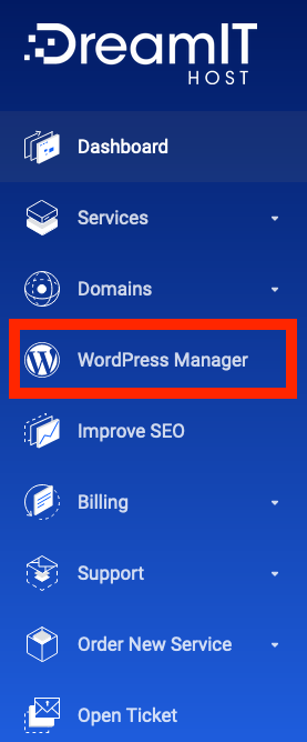 Screenshot: MyDreamIT Menu Highlighting 'WordPress Manager'