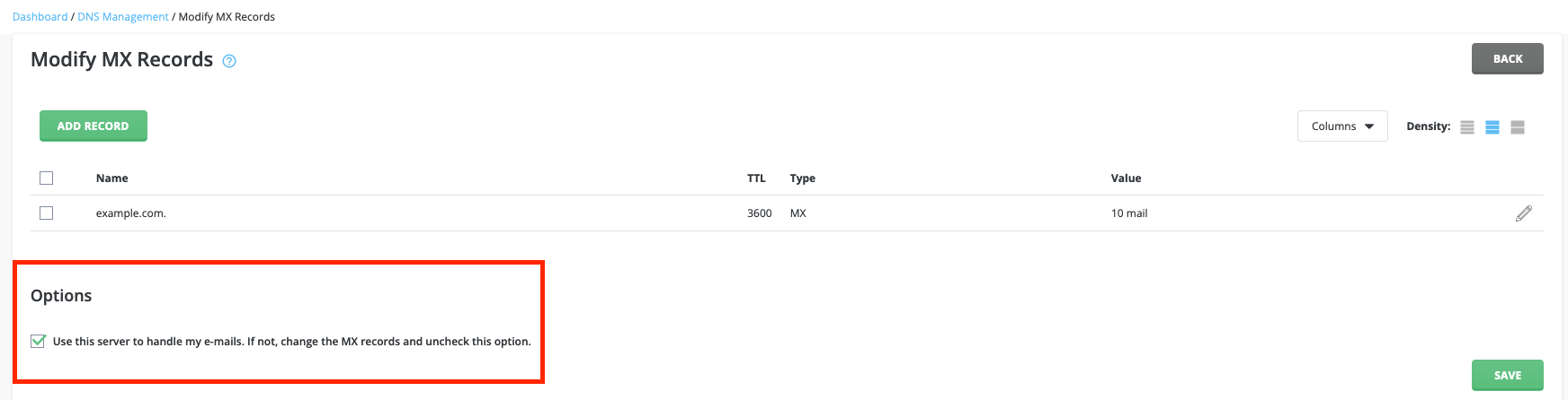 MX Records Page in DirectAdmin