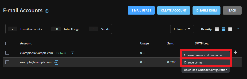 Email Accounts Page in DirectAdmin Control Panel