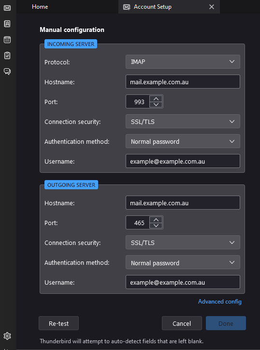 Screenshot: Manual Configuration Form in Thunderbird