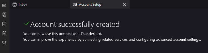 Screenshot: Account Successfully Created Message in Thuderbird