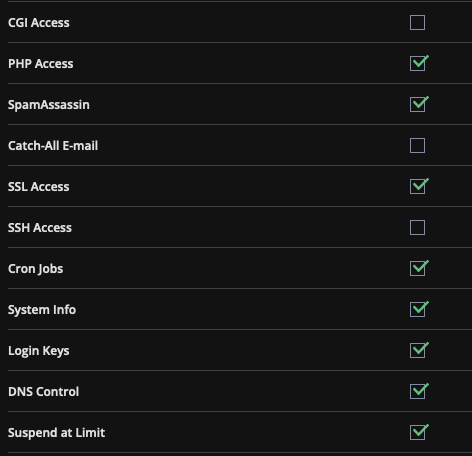 Screenshot: DirectAdmin's Create New Package Form 4