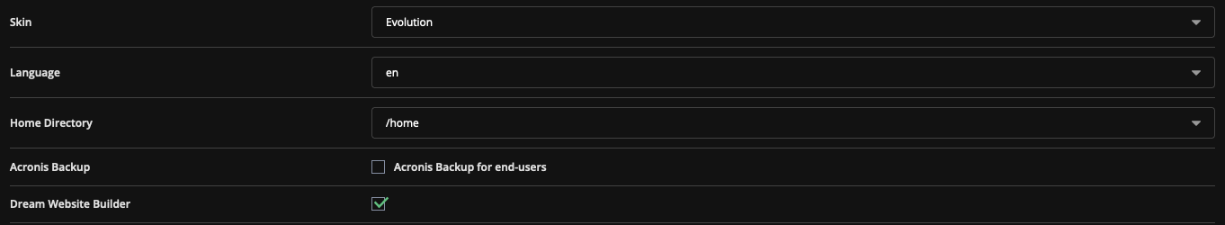 Screenshot: DirectAdmin's Create New Package Form 5