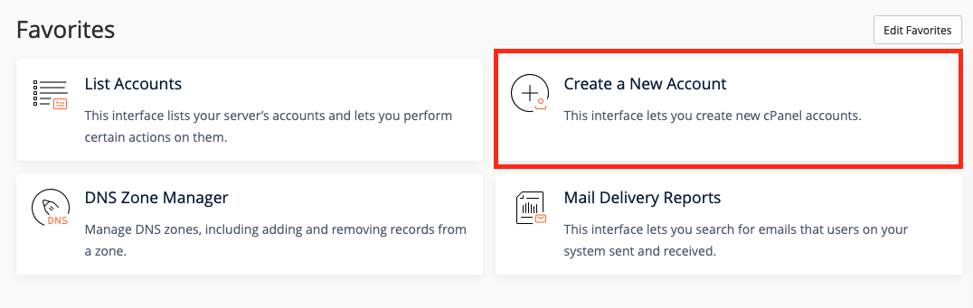 Screenshot: Favourites Section of WHM Highlighting the Create a New Account option