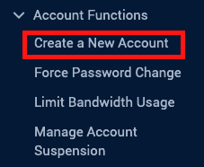 Screenshot: Account Functions Drop-Down List Highlighting Create A New Account