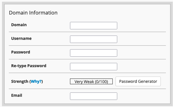 Screenshot: Create a New Account in WHM Domain Information Section