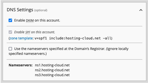 Screenshot: Create a New Account in WHM DNS Settings Section