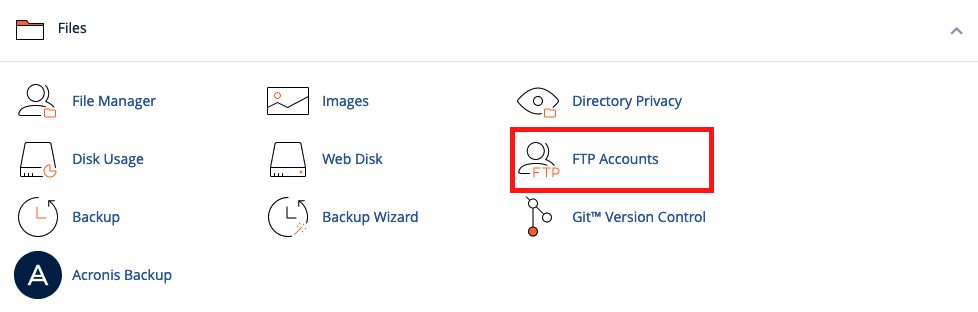 Screenshot: Files Section of cPanel Highlighting FTP Accounts