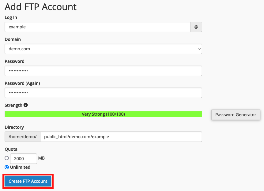 Screenshot: Add FTP Account Form