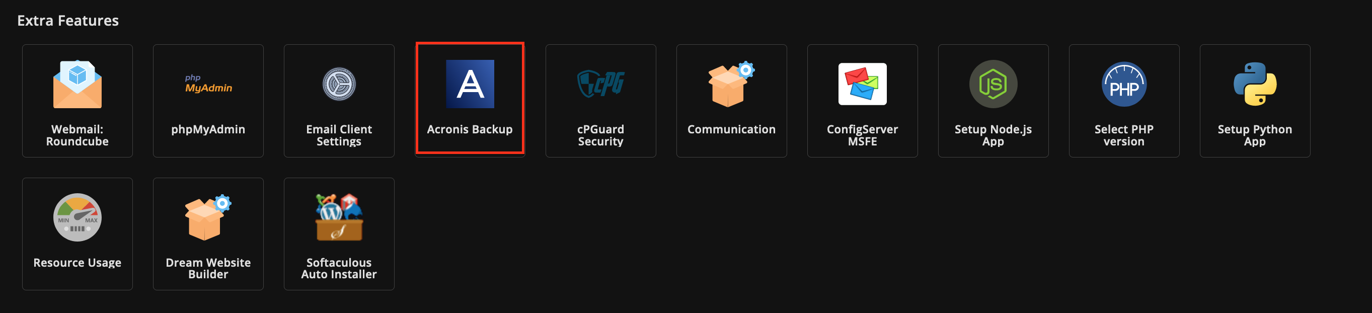 Screenshot: Extra Features Section Highlighting Acronis Backup