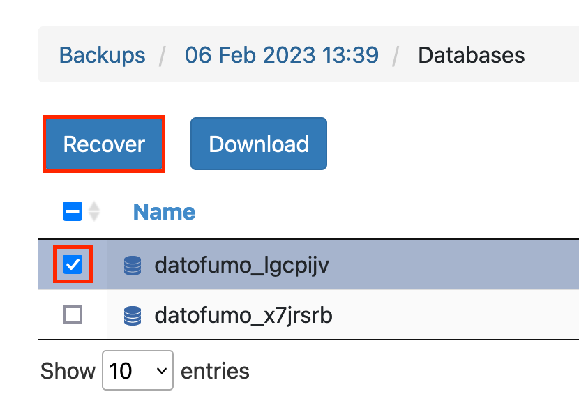 Screenshot: List of Databases