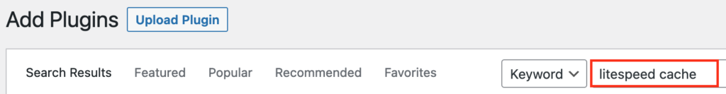 Screenshot: Add Plugins Page with 'LiteSpeed Cache' in Search Box