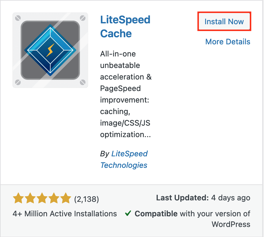 Screenshot: LiteSpeed Cache Plugin with 'Install Now' Button