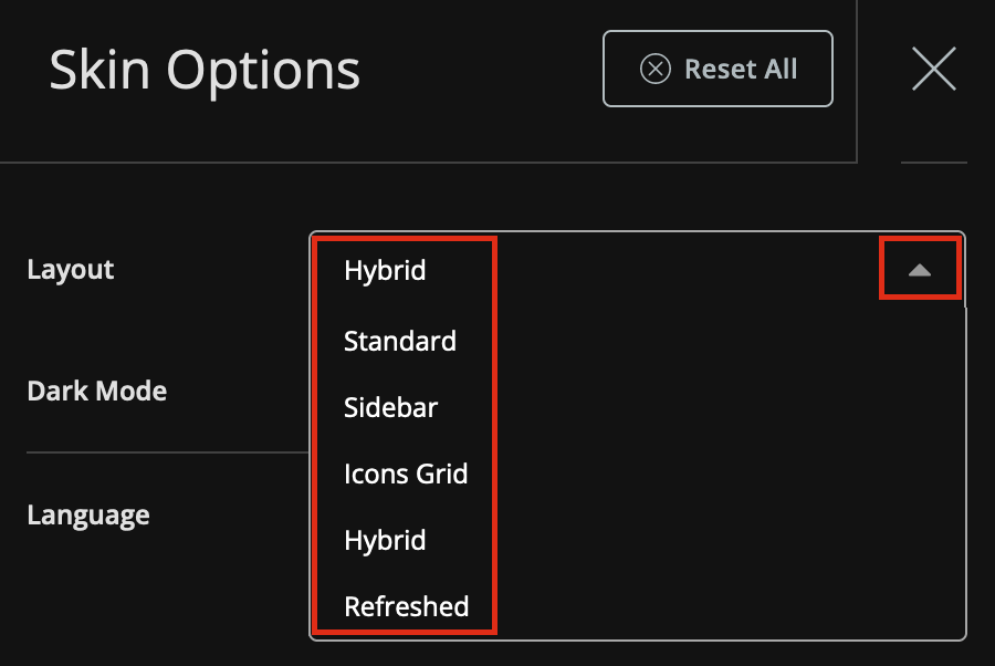 Screenshot: Layout Drop-Down Box from Hybrid Theme